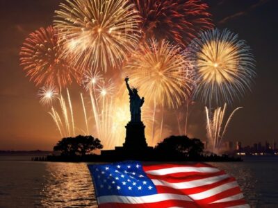 fireworks and statue of liberty.